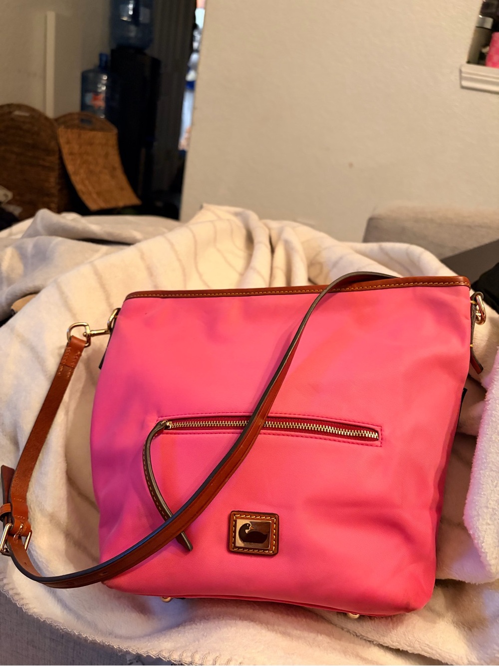 Dooney & Bourke Bright Pink Nylon Crossbody with Brown Leather Trim-wallet